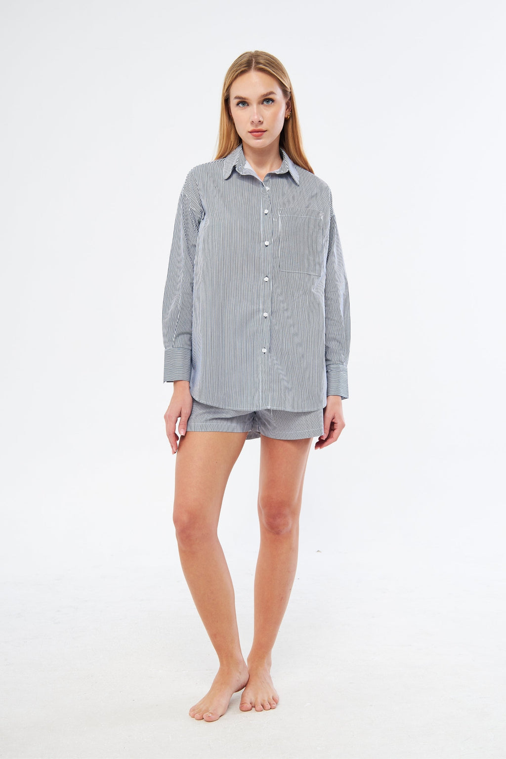 ENSOLEILLÉ SET – NAVY STRIPED SHIRT & SHORTS